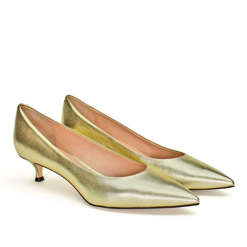 Kiki pointed toe kitten heel pumps in gold 