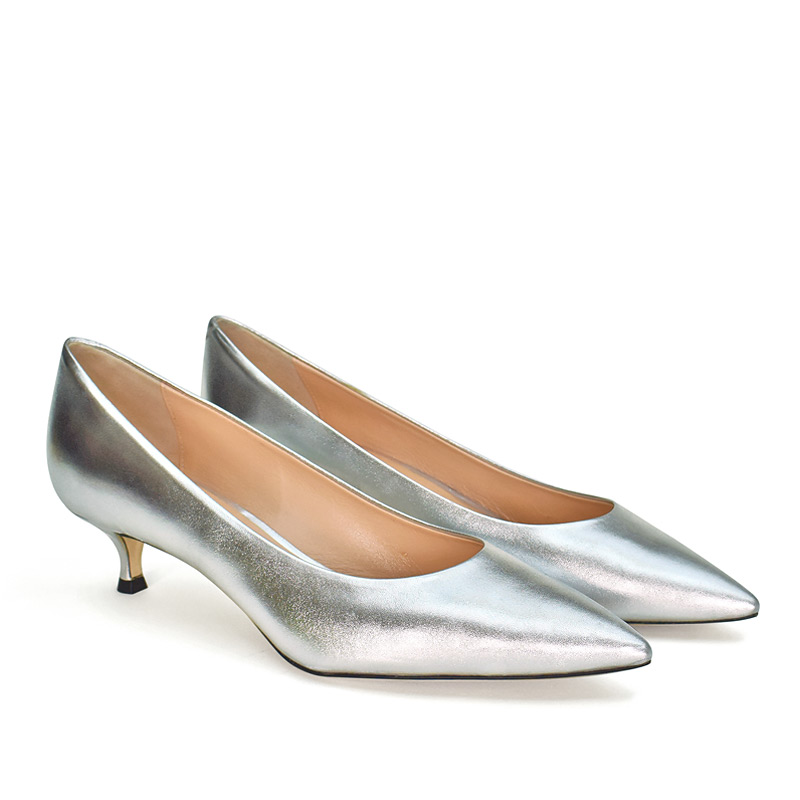 Kiki pointed toe kitten heel pumps in silver